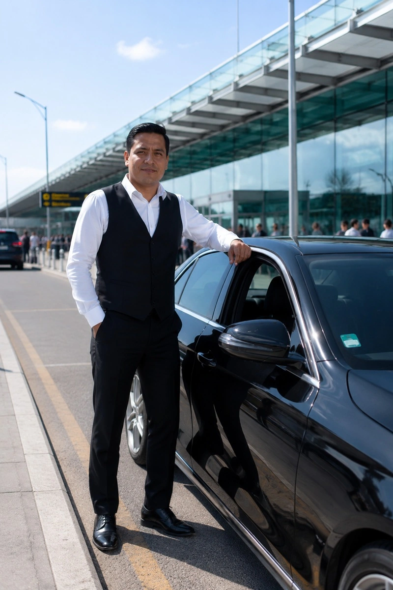 Conductor de Taxi Aeropuerto VIP junto a vehículo de la flota en el Aeropuerto Jorge Chávez, más de 15 años de experiencia