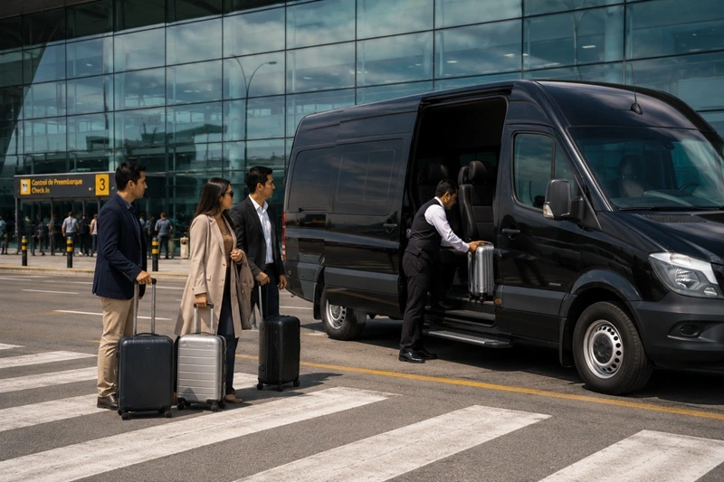 Grupo de pasajeros ejecutivos abordando van de Taxi Aeropuerto VIP con conductor uniformado en el Aeropuerto Jorge Chávez